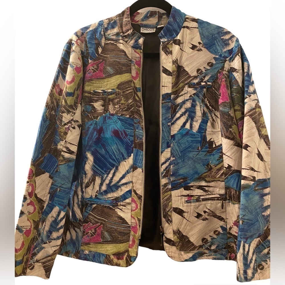 Chico’s  jacket,100% cotton denim feel. Abstract print zip up. All season.
